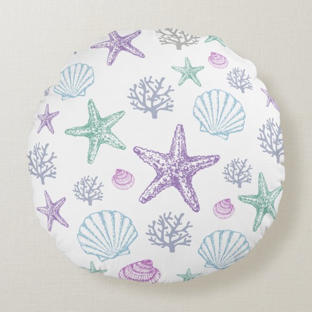 Purple Teal Seashell Starfish Coastal Shells Round Pillow (Front)