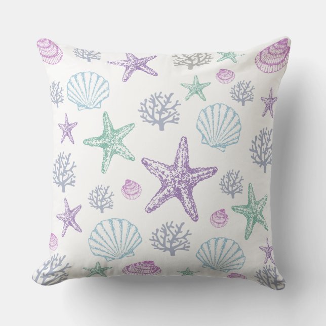 Purple Teal Seashell Starfish Coastal Shells Throw Pillow (Front)