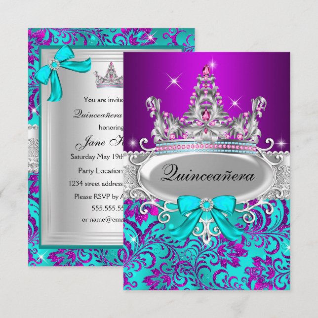 Purple Teal Shimmer Tiara Quinceanera Invitation (Front/Back)