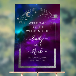Purple Teal Silver Celestial Wedding Welcome Acrylic Sign