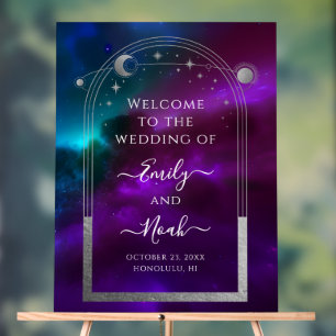Purple Teal Silver Celestial Wedding Welcome Acrylic Sign