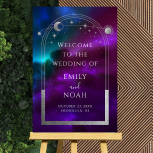 Purple Teal Silver Celestial Wedding Welcome Foam Board