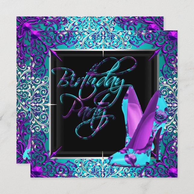 Purple Teal Silver High Heel Shoes Birthday Party Invitation (Front/Back)