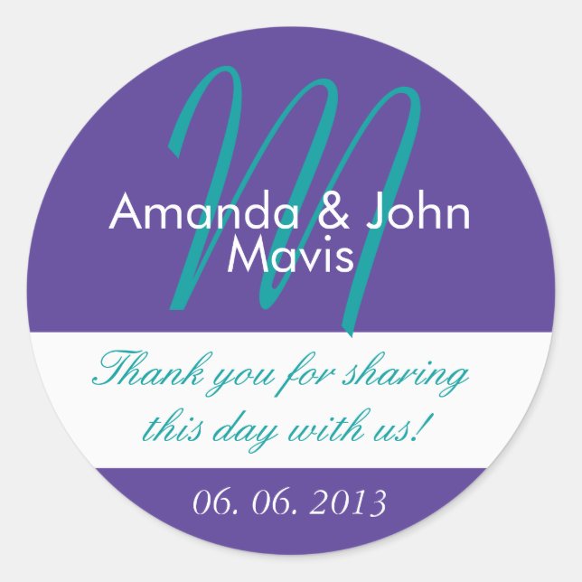 Purple Teal Simple Initial Wedding Favor Thank You Classic Round Sticker (Front)