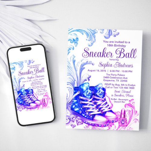 Purple Teal Sneaker Ball Birthday Party Invitation