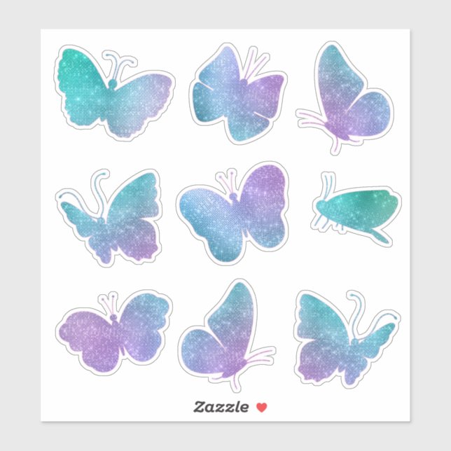 Purple Teal Sparkle Butterflies Contour Sticker (Sheet)
