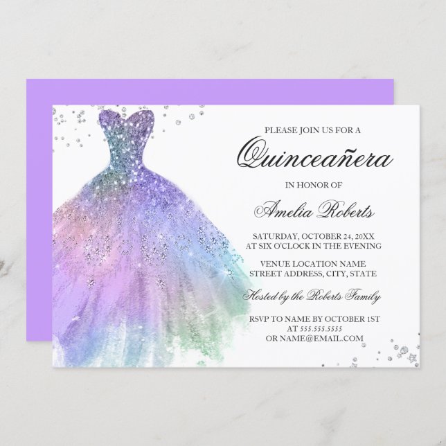 Purple Teal Sparkle Dress Quinceanera Invitation (Front/Back)