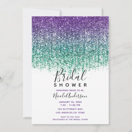 Purple Teal Sparkly Glitter Bridal Shower  Invitation