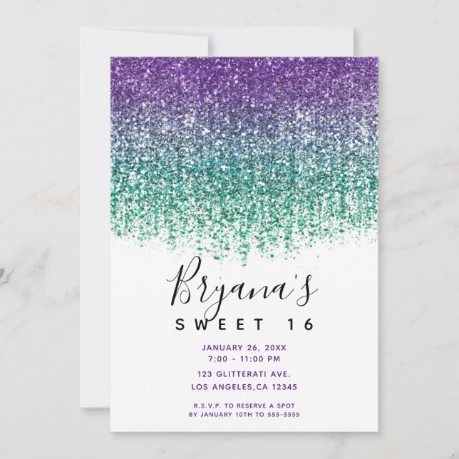Purple Teal Sparkly Glitter Sweet 16 Birthday  Invitation (Front)
