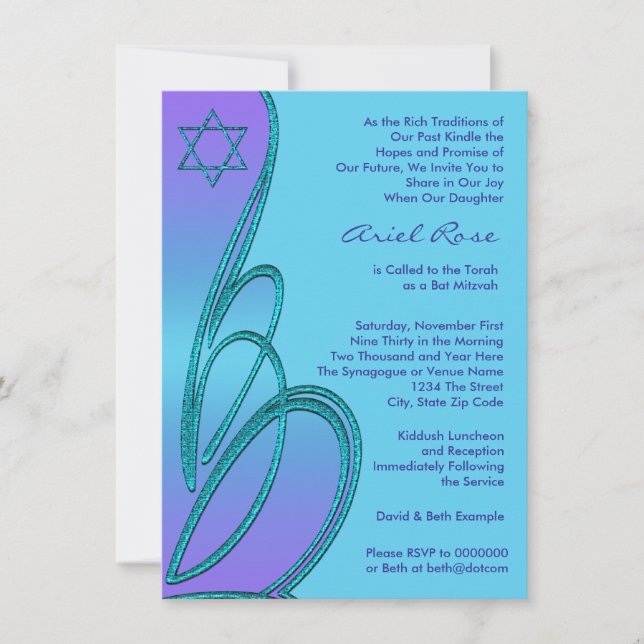 Purple Teal Star of David Bat Mitzvah Invitation (Front)