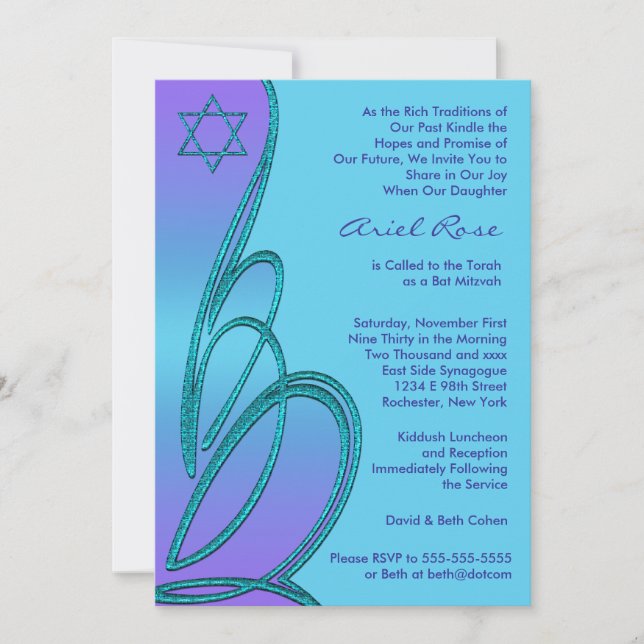 Purple Teal Star of David Bat Mitzvah Invitation (Front)