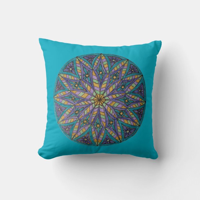 Purple/Teal Starburst Mandala Throw Pillow (Front)