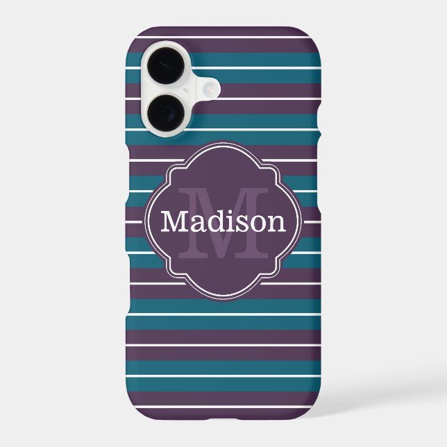 Purple Teal Stripe Pattern Monogram Name Iphone Case (Back)