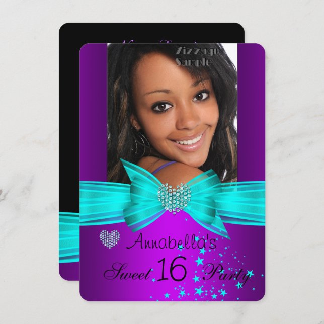 Purple Teal Sweet 16 Birthday Party Diamond Photo Invitation (Front/Back)