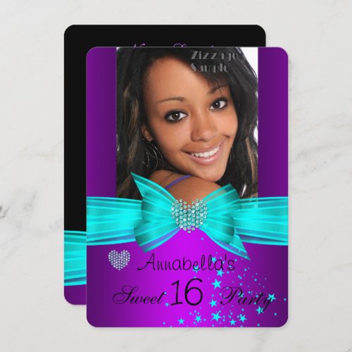 Purple Teal Sweet 16 Birthday Party Diamond Photo Invitation