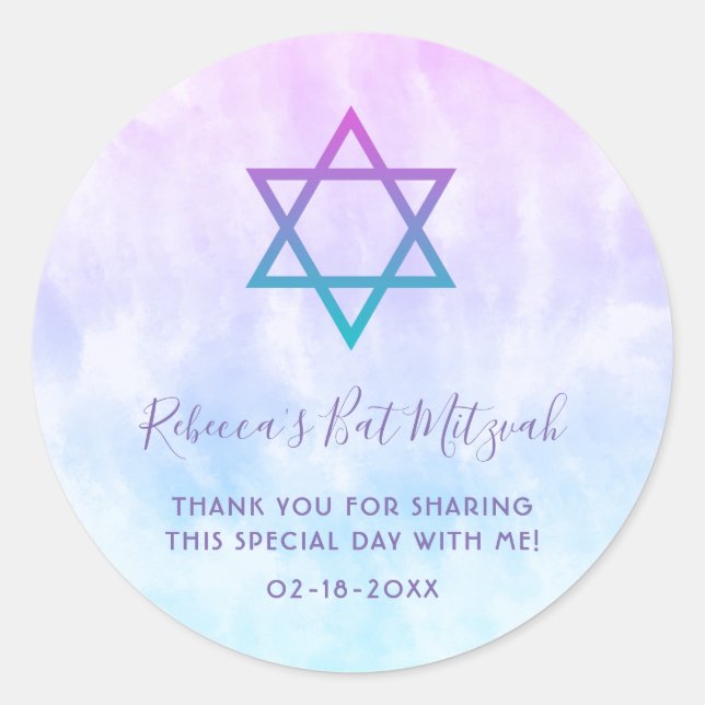 Purple Teal Tie Dye Bat Mitzvah Classic Round Sticker (Front)