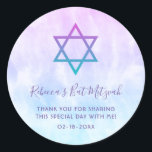 Purple Teal Tie Dye Bat Mitzvah Classic Round Sticker<br><div class="desc">These modern purple and teal blue tie dye Bat Mitzvah stickers are perfect for your special day! Easily personalize to use as cupcake toppers or for party favors.</div>