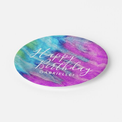 Purple Teal Tie Dye Happy Birthday Custom Name Paper Plates