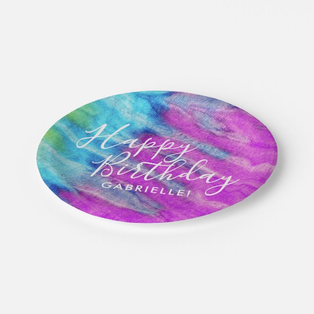 Purple Teal Tie Dye Happy Birthday Custom Name Paper Plates (Angled)