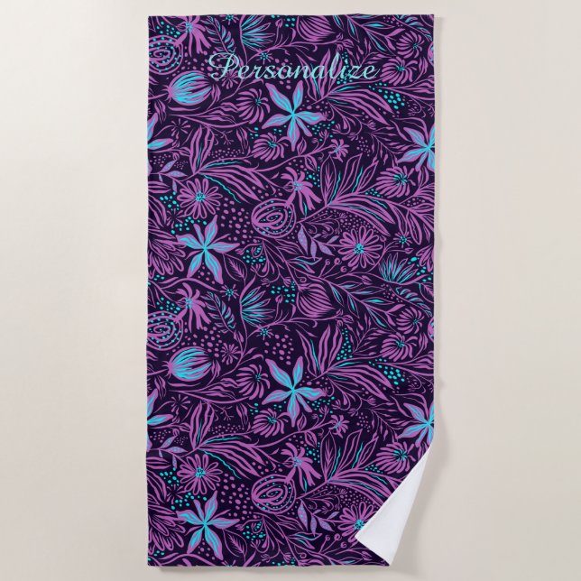 Purple & Teal Tropical Flowers Summer Personalize Beach Towel (Front)