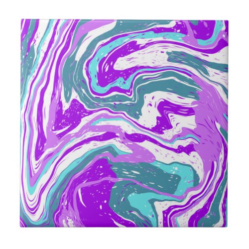Purple Teal Turquoise Marble Fluid Art   Ceramic Tile