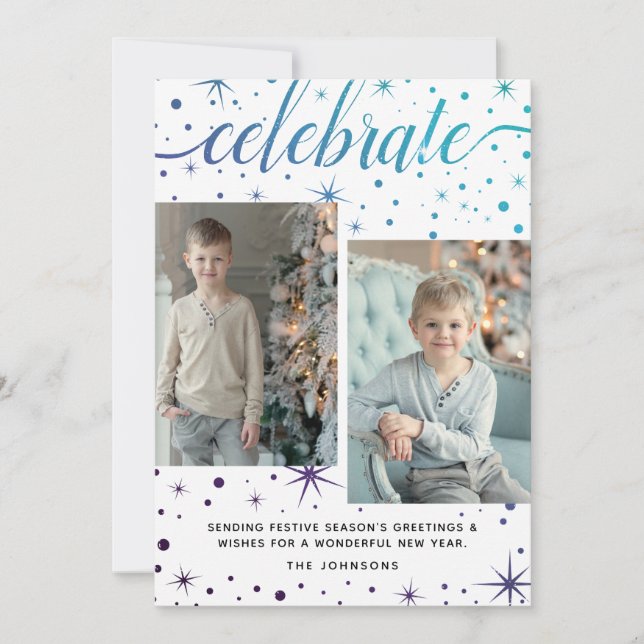 Purple Teal Typography Season's Greetings 2-Photo Holiday Card (Front)