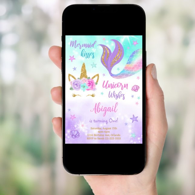 Purple Teal Unicorn Mermaid Birthday Invitation (Front Digital)