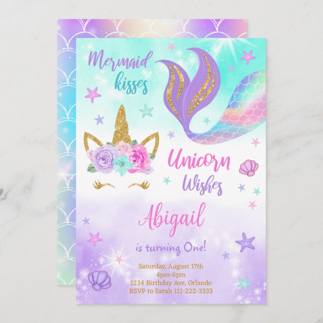 Purple Teal Unicorn Mermaid Birthday Invitation (Front/Back)