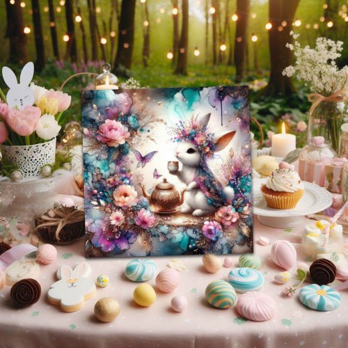 Purple Teal Watercolor Bunny Tea Party Easter Holiday Card