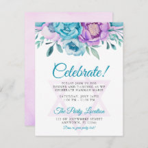 Purple Teal Watercolor Floral Bat Mitzvah Party