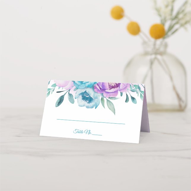 Purple Teal Watercolor Floral Folded Place Card (Front)