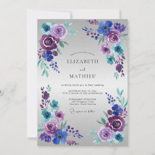 Purple Teal Watercolor Romantic Wedding Invitation