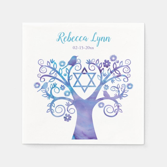 Purple Teal Watercolor Tree of Life Bat Mitzvah Napkins (Front)
