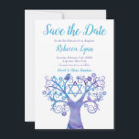 Purple Teal Watercolor Tree of Life Bat Mitzvah Save The Date<br><div class="desc">Modern purple and teal blue tree of life Bat Mitzvah save the date announcements. This unique design features a watercolor swirl tree,  flower,  birds and the Star of David.</div>