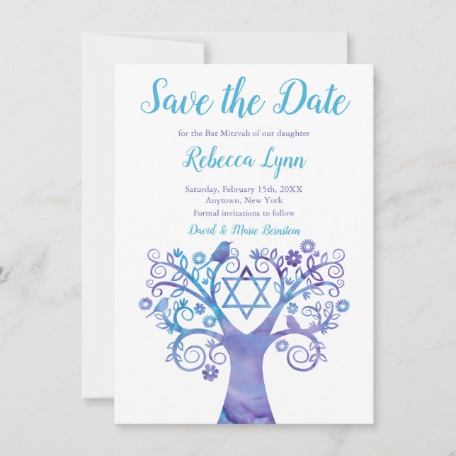 Purple Teal Watercolor Tree of Life Bat Mitzvah Save The Date (Front)