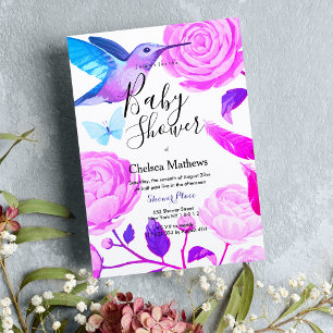 Purple teal white hummingbird floral Baby Shower Invitation