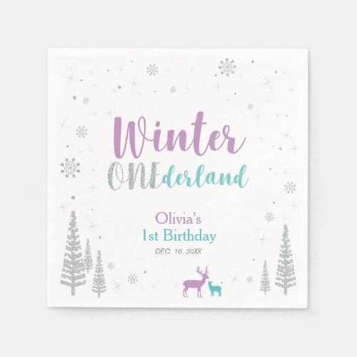 Purple  Teal Winter Onederland 1st Birthday Party Paper Napkins