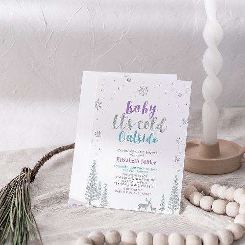 Purple  Teal Winter Wonderland Baby Shower Invitation