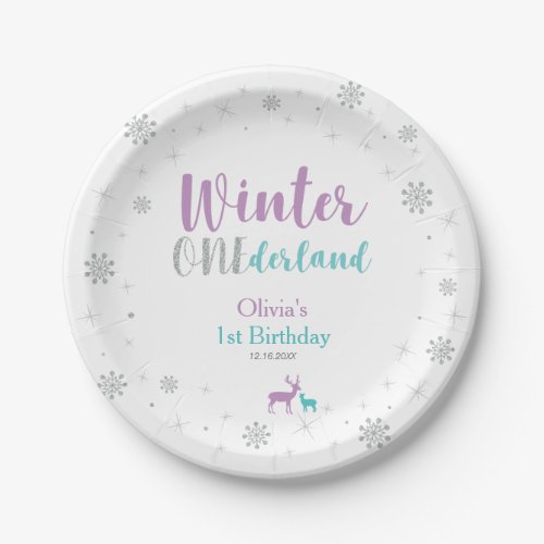 Purple  Teal Winter Wonderland Birthday Party Paper Plates