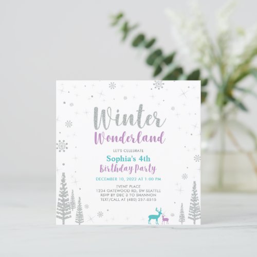 Purple  Teal Winter Wonderland Girl Birthday Invitation