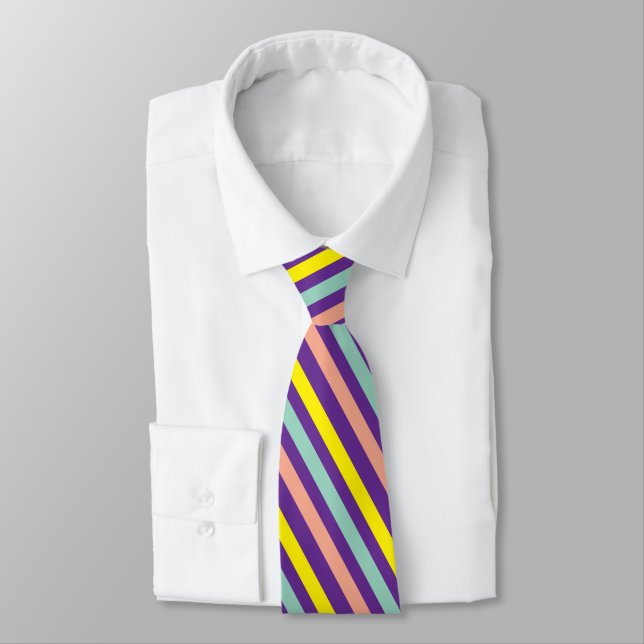 Purple Teal Yellow Peach Geometric Stripes Neck Tie (Tied)