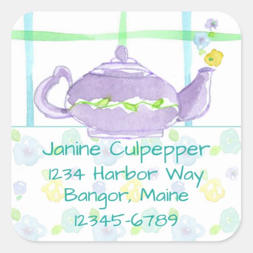 Purple Teapot Return Address Custom Name Square Sticker