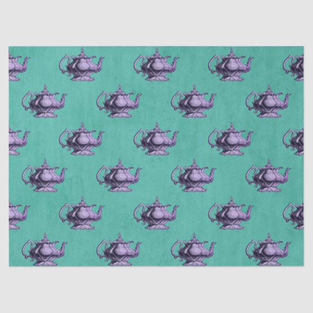 Purple Teapots on Teal Decoupage Tissue Paper (Front)