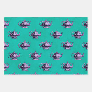 Purple Teapots on Teal Wrapping Paper Sheets