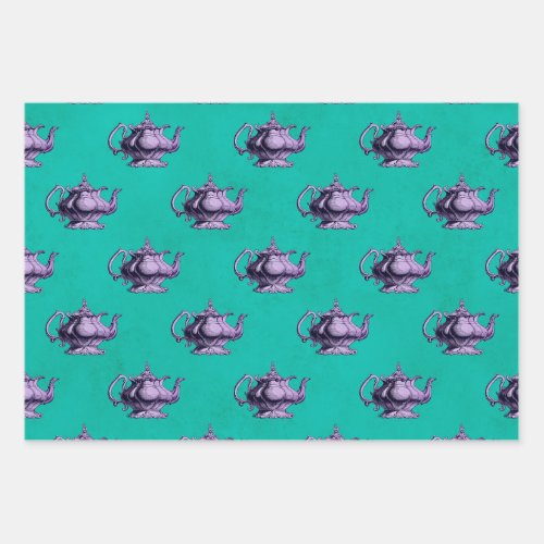 Purple Teapots on Teal Wrapping Paper Sheets