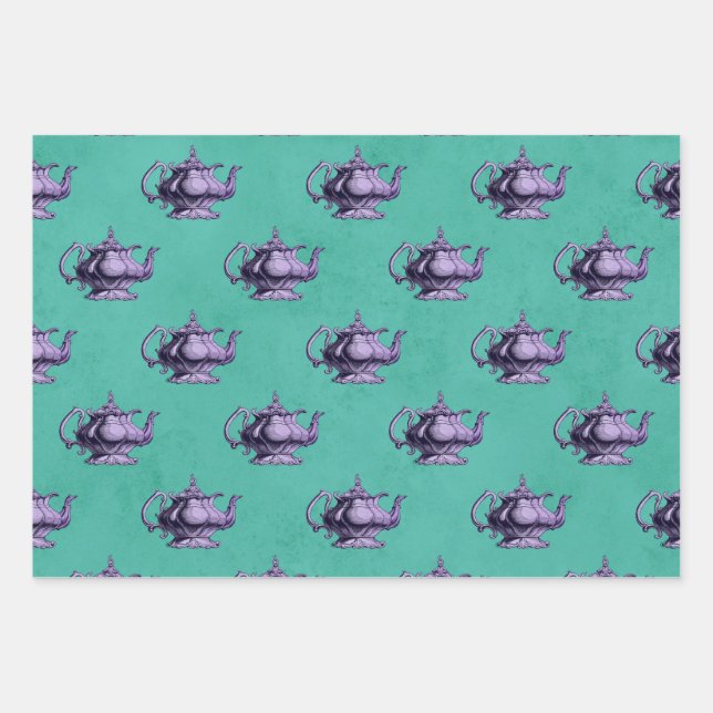 Purple Teapots on Teal Wrapping Paper Sheets (Front)