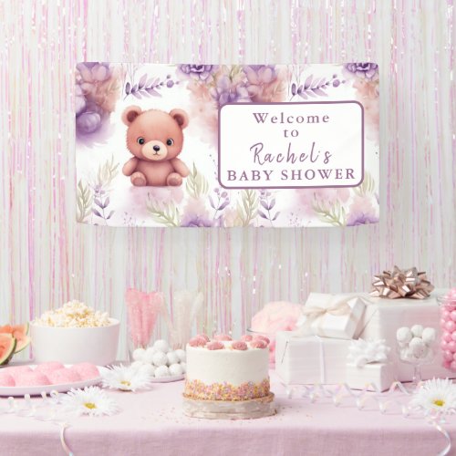 Purple Teddy Bear and Flowers _ Baby Shower Banner