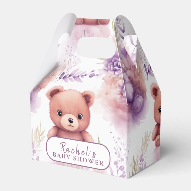 Purple Teddy Bear and Flowers - Baby Shower Favor Boxes (Front Side)