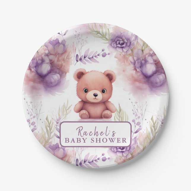 Purple Teddy Bear and Flowers - Baby Shower Paper Plates (Front)