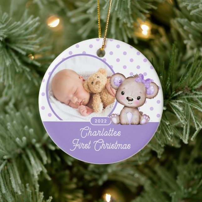 Purple Teddy Bear Baby's First Christmas Photo Ceramic Ornament (Tree)